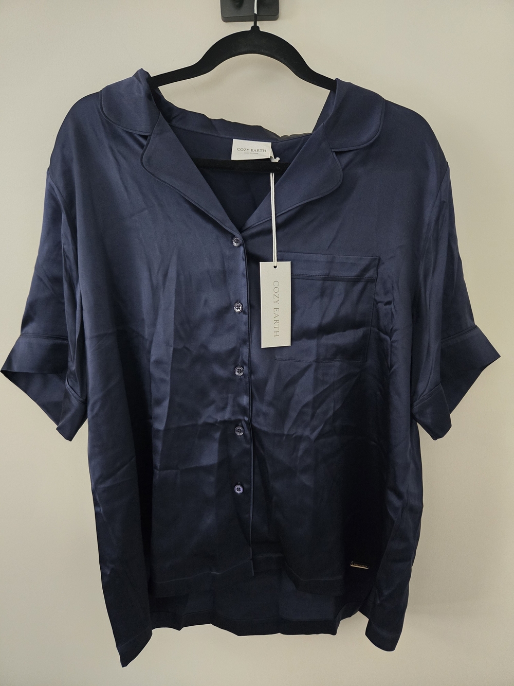 NWT Cozy Earth Women's Serenity Silk Classic Short Sleeve Pajama Top Navy XL